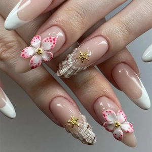Press On Nails ABS French White Tips 3D Pink Floral Gold Starfish Almond Shape Detachable Manicure For Women
