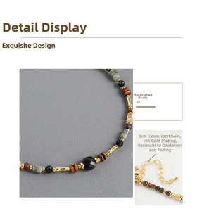 Detail of beaded necklace with 18k gold plated 5cm extension chain and natural stones