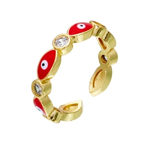 Detailed view of 18K gold-plated Evil Eye adjustable ring with red enamel and zircon