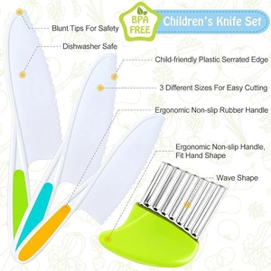 Detail of 4-piece BPA-free kids knife set with blunt tips and ergonomic handles
