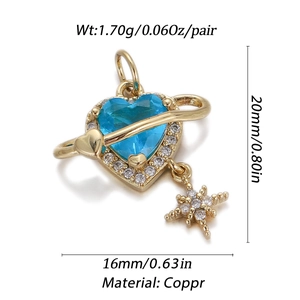 Detail view of heart blue gem pendant with star charm and copper material specs