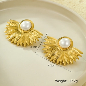 Detailed view of gold fan-shaped stud earrings with pearls and size measurements