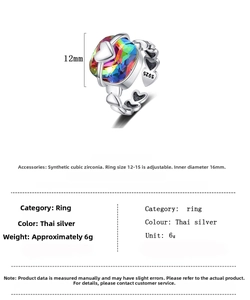 Detail view of vintage S925 silver heart ring with colorful cubic zirconia and dimensions