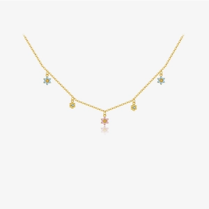 S925 sterling silver gold floral pendant necklace with colorful cubic zirconia stones