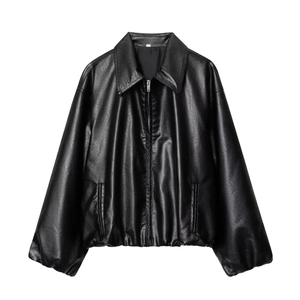 Damen Bomberjacke aus Kunstleder mit Reißverschluss und Rippbündchen in schwarzem Finish