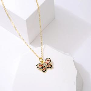 18K gold plated necklace with heart butterfly pendant and red black enamel wings