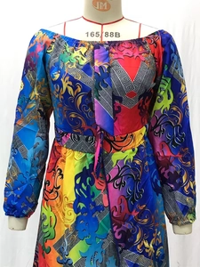 Detail of multi-color geometric print dress with V-neckline and chiffon fabric texture