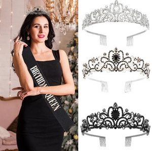 Close-up of sparkling crystal birthday crown and Birthday Queen sash for party accessories