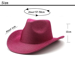 Detailed size chart for magenta glitter western cowboy hat with crown and brim measurements