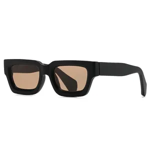 Retro black rectangular thick frame sunglasses with brown semi-transparent lenses