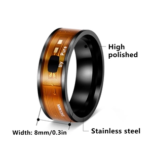 High polished 8mm black stainless steel NFC smart ring with circuit pattern design
