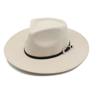 Classic beige wool fedora hat with a black leather band and silver metal buckle detail