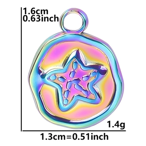 Macro view of rainbow stainless steel starfish pendant with size and weight specs