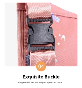 Close-up of durable black plastic buckle and pink nylon strap on sports fanny pack