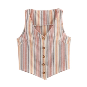 Women Retro Striped Vest V Neck Sleeveless Waistcoat Colorful Vertical Stripe Button Down Boho Casual Top