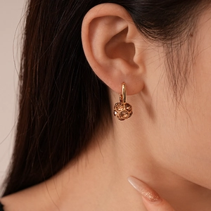 Detailed view of champagne crystal studded geometric ball earring on model