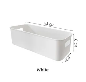 Detailed view of white plastic storage box with cutout handle and size dimensions