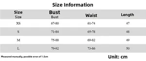 Size chart showing bust, waist and length measurements for the polka dot halter top