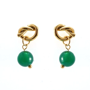 Elegant 18K gold-plated bow earrings with green natural stone charms for women