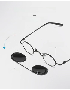 Detail showing the detachable clip-on sunglasses mechanism with a round metal frame
