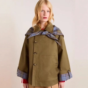 Olive green women's jacket with plaid collar and matching folded cuffs in vintage style