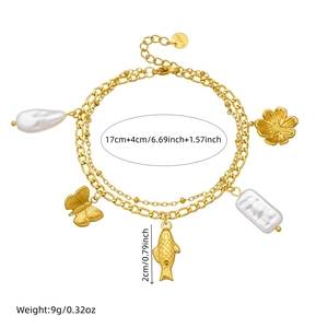 Gold plated stainless steel double layer bracelet with pearl, butterfly and fish charms