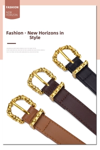 Three slim PU leather belts with gold bamboo-shaped buckles in black, brown and tan