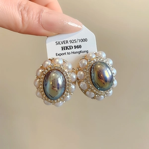 Retro court style oval pearl stud earrings with 925 silver needle and crystal accents
