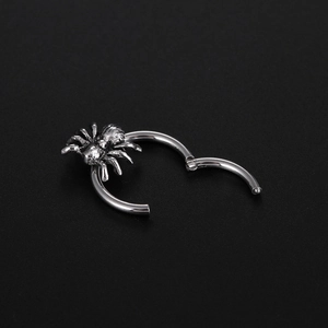 Macro shot of a silver titanium steel hinged ring featuring a detailed spider design
