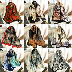 Collage of nine stylish printed silk scarves for women with various elegant patterns