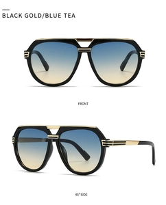 Front and side views of black and gold pilot sunglasses with blue tea gradient lenses