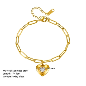 Bracelet minimaliste en acier inoxydable doré avec pendentif cœur et chaîne de 17+5cm