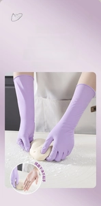 Macro detail of purple food grade nitrile gloves used for kneading dough in a kitchen