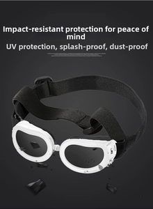 Detailed view of UV protection dog goggles with adjustable strap and white impact frame
