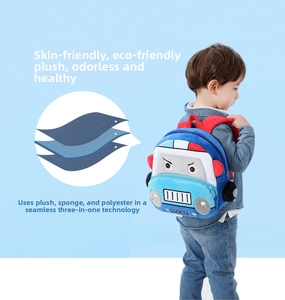 Detailed view of plush police car backpack with soft three-layer composite fabric on back