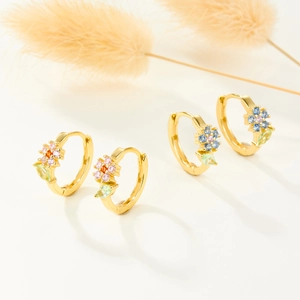 S925 silver gold flower hoop earrings with colorful cubic zirconia and green leaf gems