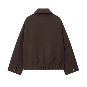 Back view of a casual dark brown loose jacket with elastic hem and metal cuffs