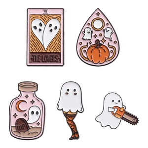Five-piece Halloween enamel pin set with cute white ghost and pumpkin elements on white back