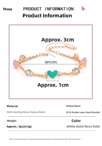 Size chart for S925 sterling silver double layer heart bracelet with dimensions and specs