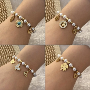 Bohemian Handmade Beaded Bracelet Stainless Steel Imitation Artificial Pearl Tree Of Life Butterfly Hamsa Hand Charm Jewelry For Women