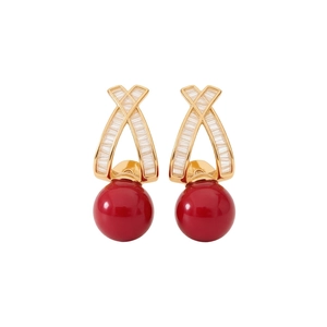 Elegant 18k gold plated cross stud earrings with sparkling crystals and red round beads