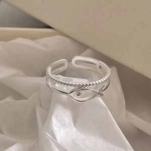 Minimalist double layer S925 sterling silver open ring with fish pattern and crystal detail