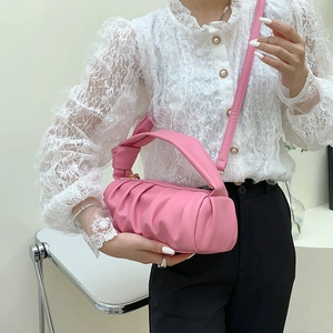 Pink ruched cloud barrel shoulder bag with chain and adjustable strap for women
