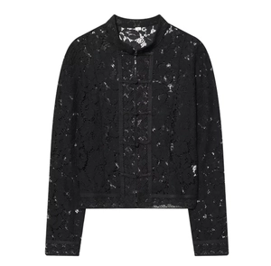 Close-up of black lace shirt featuring a mandarin collar and traditional frog button closure