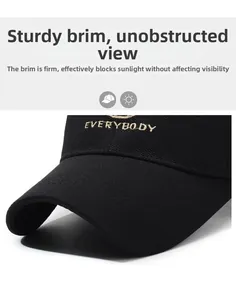 Detail of the structured brim on a black baseball cap with golden embroidery