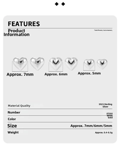 Detailed size chart of S925 sterling silver heart stud earrings in three sizes