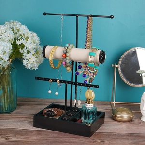 Jewelry Display Stand Holder Metal Multi Tier With Velvet Roll For Necklaces Earrings Bracelets Rings Detachable Organizer