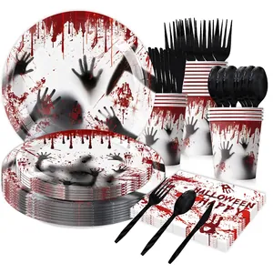 Halloween party tableware set with red blood splatter and creepy handprint design
