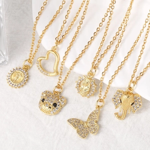 Zircon Inlaid Copper Gold Plated Pendant Necklace Butterfly Bear Elephant Religious Heart Fashion Clavicle Chain For Women