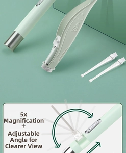 Detail view of baby ear wax removal tool with 5x magnifying glass and adjustable angle